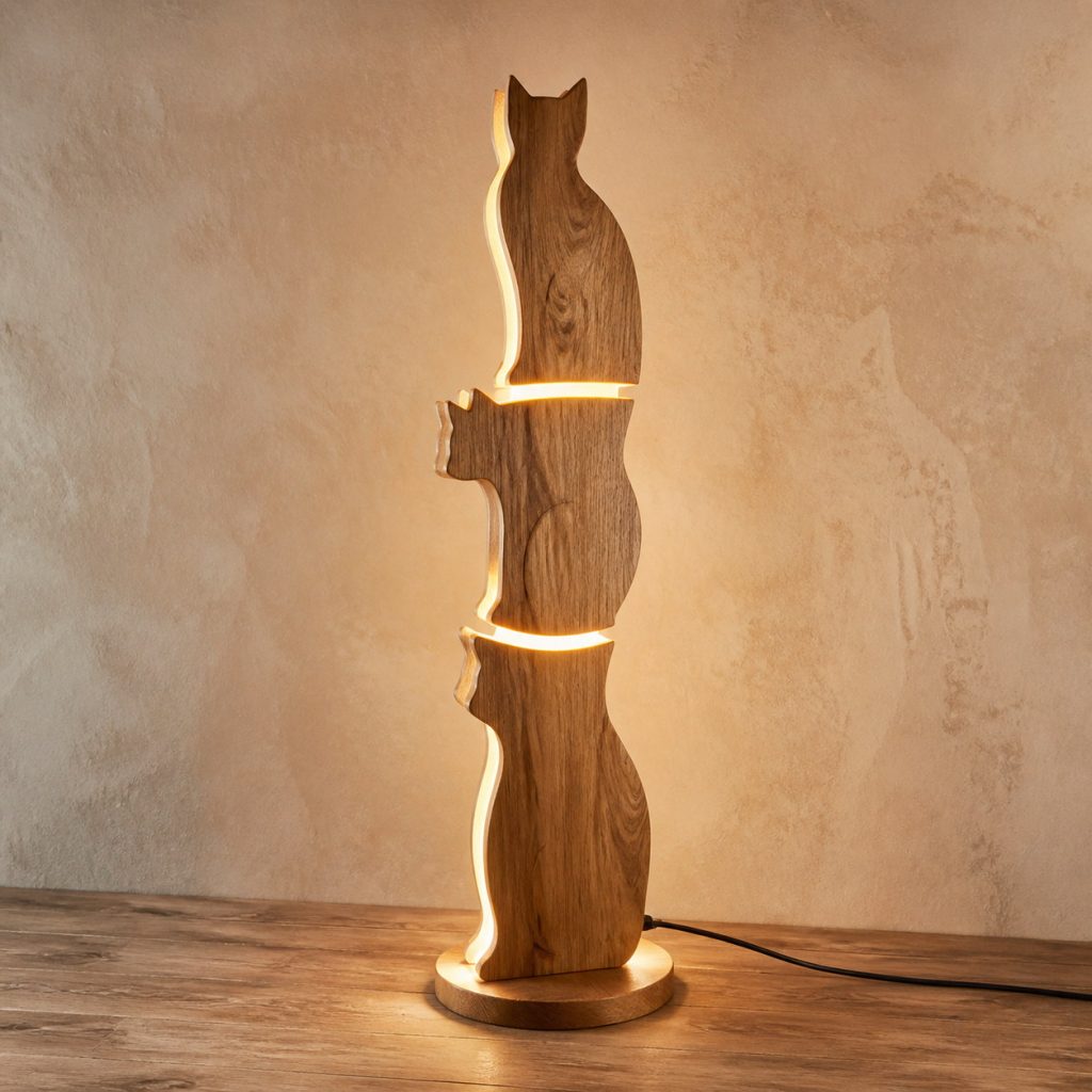 Stacked Cat Floor Lamp shown as an original square photorealistic wooden cat lamp with authentic wood grain, recognizable animal form, and warm diffused light