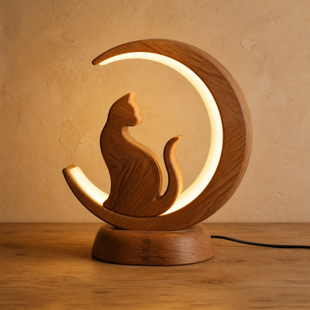 Cat-and-Moon Lantern shown as an original square photorealistic wooden cat lamp with authentic wood grain, recognizable animal form, and warm diffused light