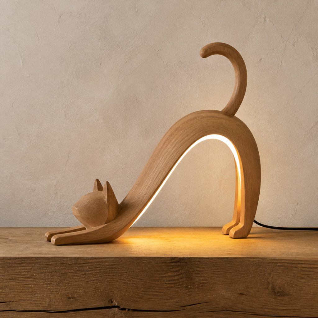 Stretching Cat Arch Lamp shown as an original square photorealistic wooden cat lamp with authentic wood grain, recognizable animal form, and warm diffused light
