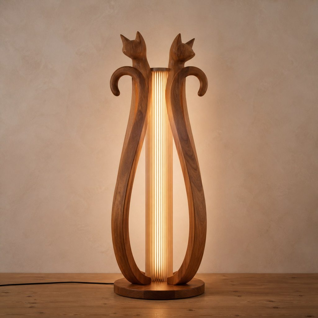Twin-Tail Cat Floor Lamp shown as an original square photorealistic wooden cat lamp with authentic wood grain, recognizable animal form, and warm diffused light