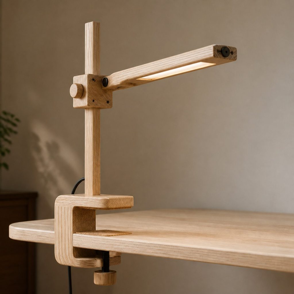 Ash Shelf-Clamp Lamp shown as an original square photorealistic wooden clamp lamp with believable joinery, warm diffused light, and protected hardware