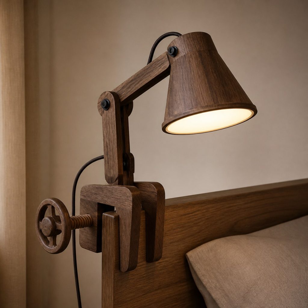 Walnut Headboard Reading Lamp shown as an original square photorealistic wooden clamp lamp with believable joinery, warm diffused light, and protected hardware