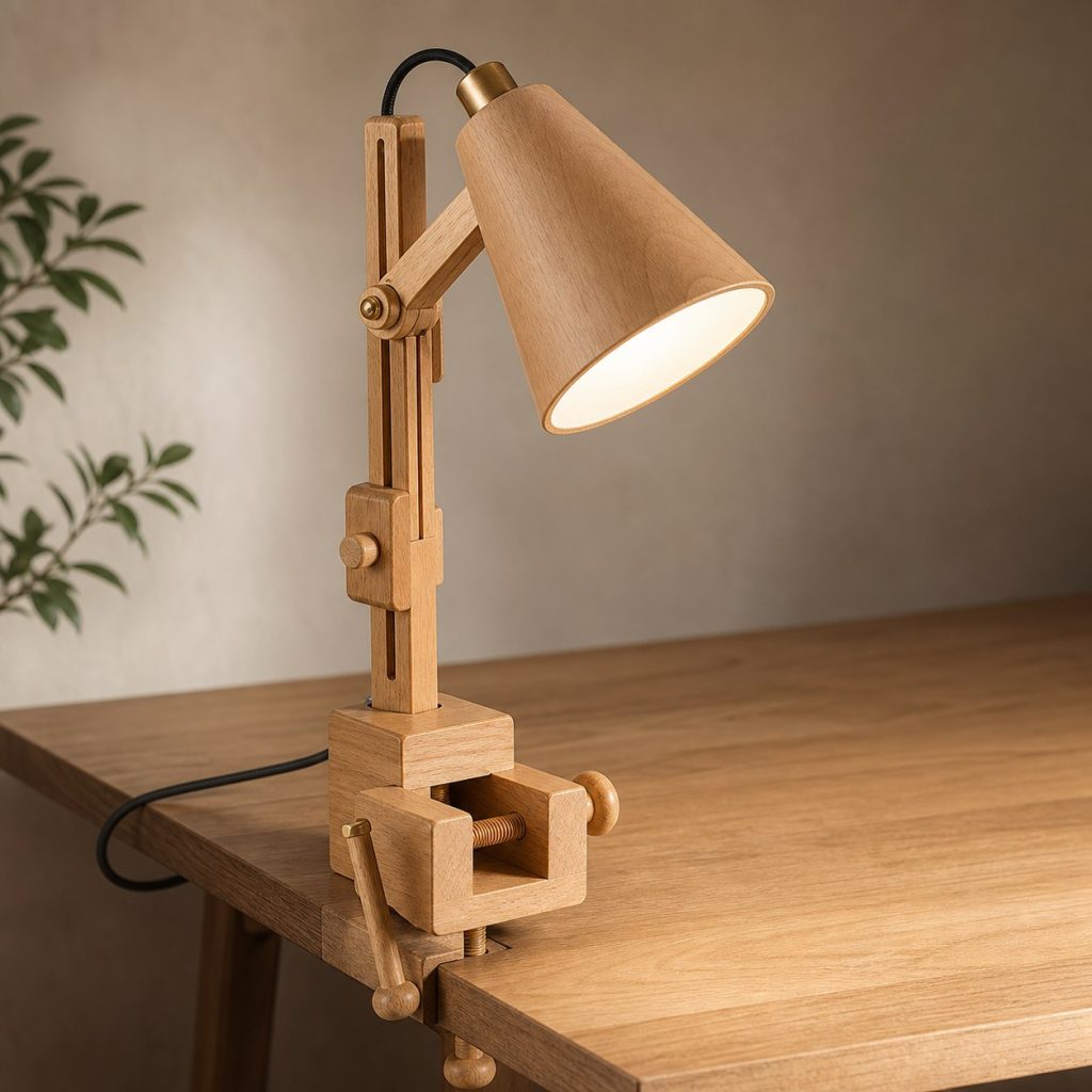Beech Bench-Vise Lamp shown as an original square photorealistic wooden clamp lamp with believable joinery, warm diffused light, and protected hardware