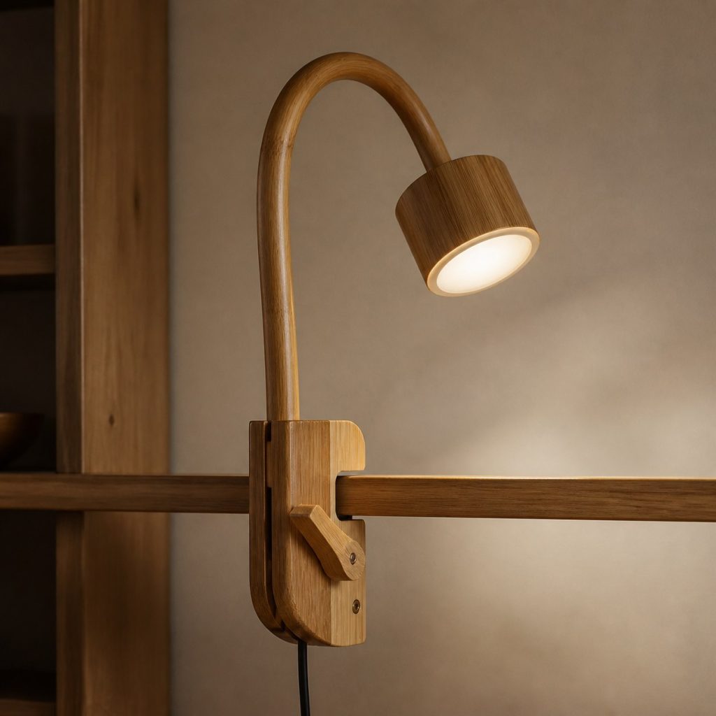 Bamboo Rail-Clamp Lamp shown as an original square photorealistic wooden clamp lamp with believable joinery, warm diffused light, and protected hardware