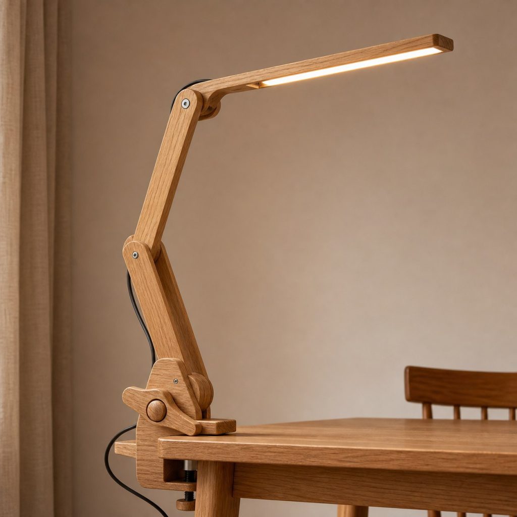 Oak Cam-Clamp Lamp shown as an original square photorealistic wooden clamp lamp with believable joinery, warm diffused light, and protected hardware