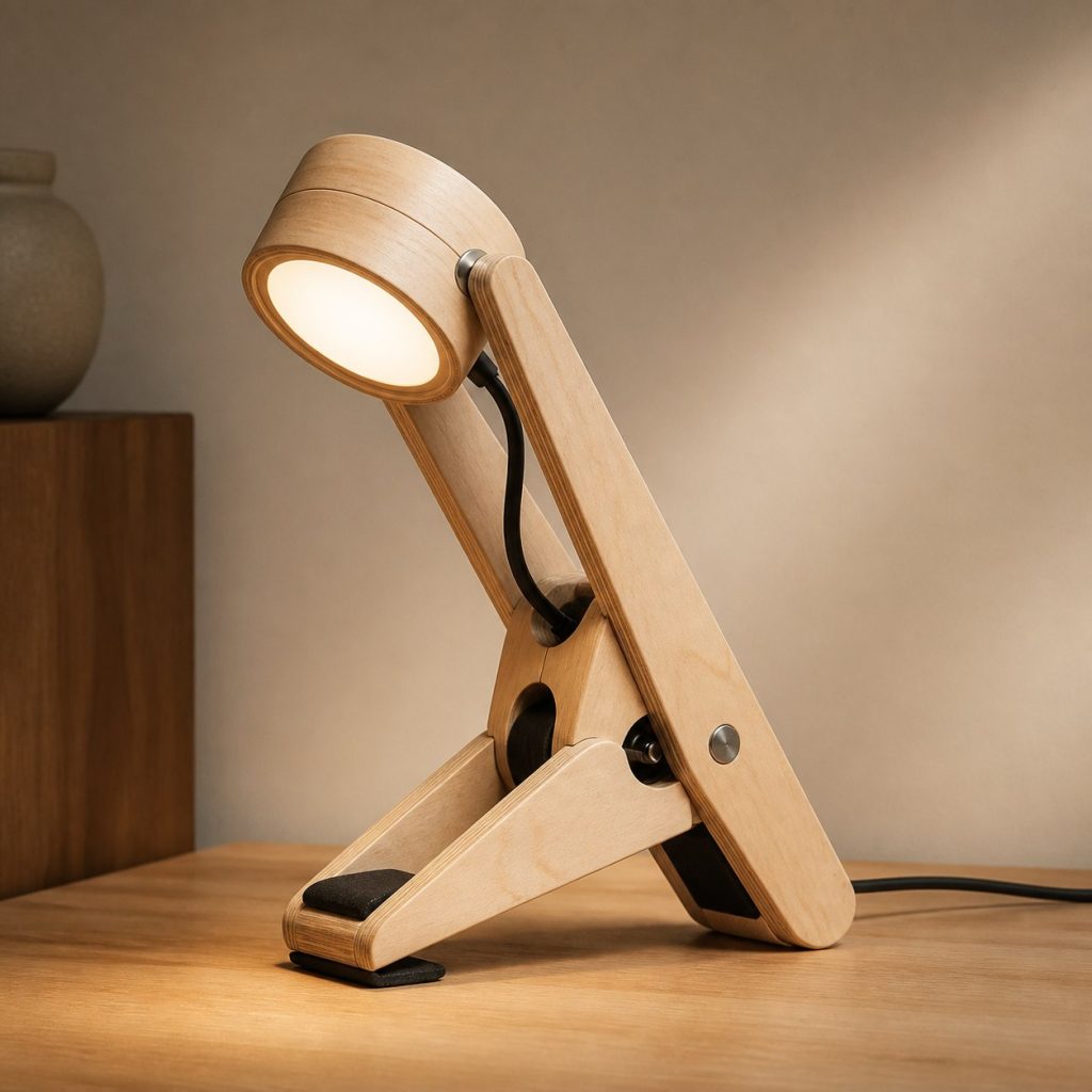 Plywood Spring-Clamp Lamp shown as an original square photorealistic wooden clamp lamp with believable joinery, warm diffused light, and protected hardware