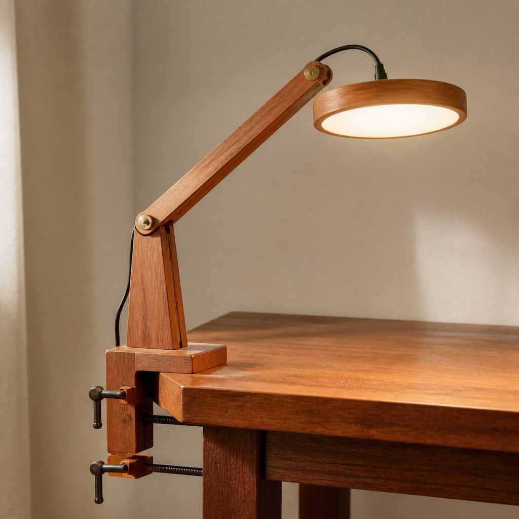 Cherry Corner-Clamp Lamp shown as an original square photorealistic wooden clamp lamp with believable joinery, warm diffused light, and protected hardware