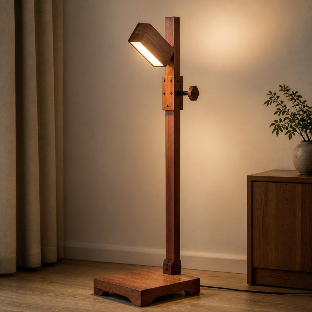Sapele Sliding-Bar Clamp Uplight shown as an original square photorealistic wooden clamp lamp with believable joinery, warm diffused light, and protected hardware