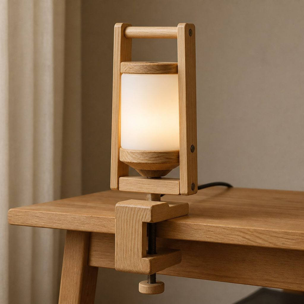 Pine Portable Clamp Lantern shown as an original square photorealistic wooden clamp lamp with believable joinery, warm diffused light, and protected hardware