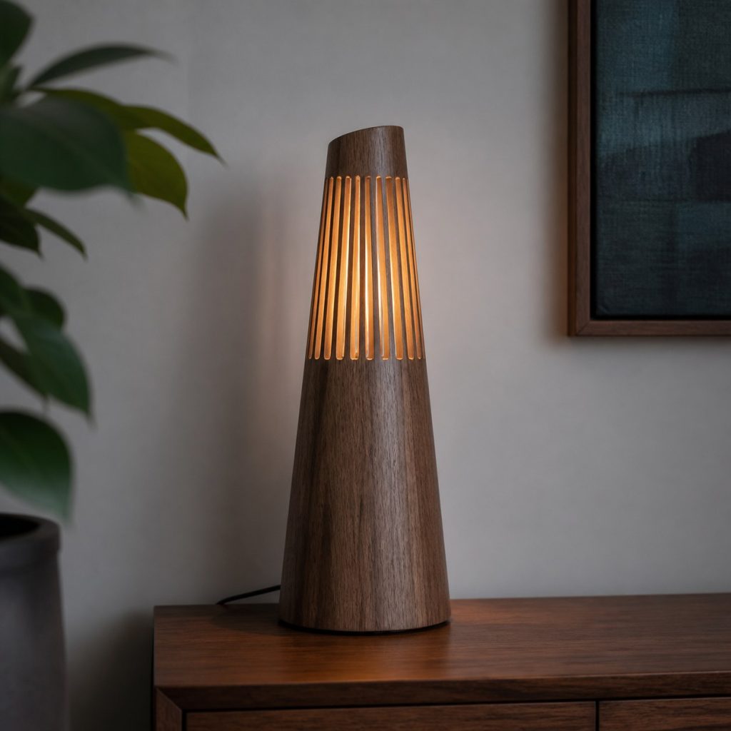 Turned Walnut Cone Lamp shown as an original square photorealistic wooden cone lamp with authentic wood grain, warm diffused light, and a short dark power cord