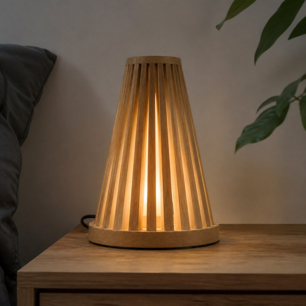 Slatted Oak Cone Lamp shown as an original square photorealistic wooden cone lamp with authentic wood grain, warm diffused light, and a short dark power cord