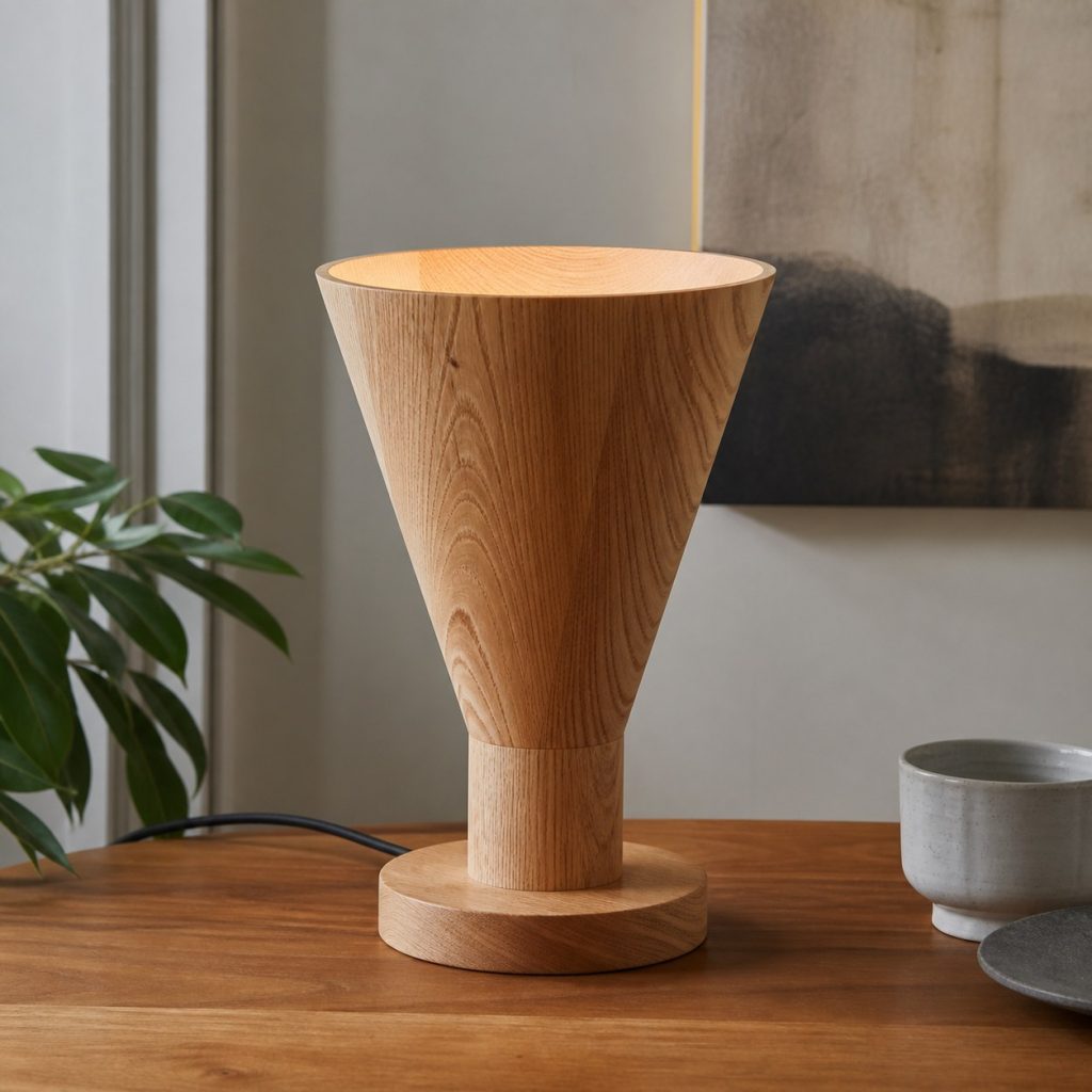Inverted Ash Cone Lamp shown as an original square photorealistic wooden cone lamp with authentic wood grain, warm diffused light, and a short dark power cord