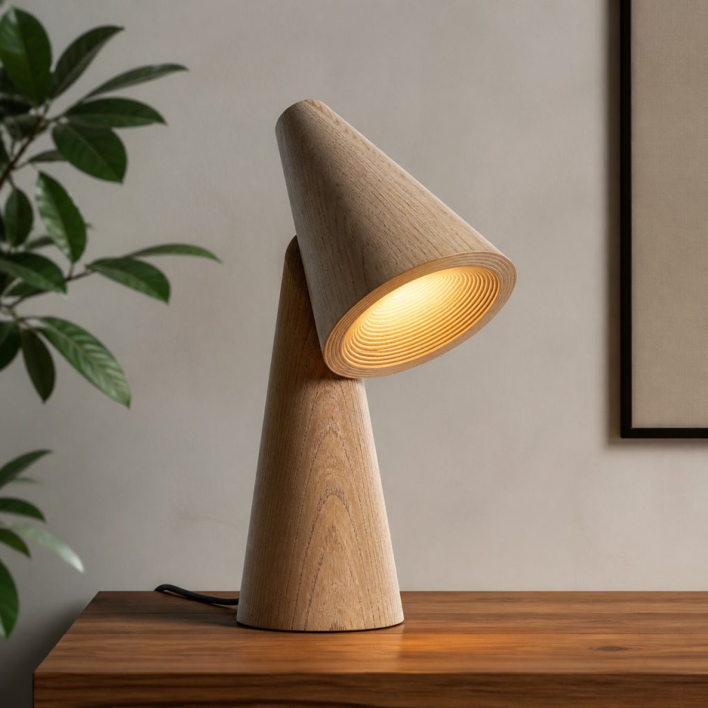 Layered Plywood Cone Lamp shown as an original square photorealistic wooden cone lamp with authentic wood grain, warm diffused light, and a short dark power cord