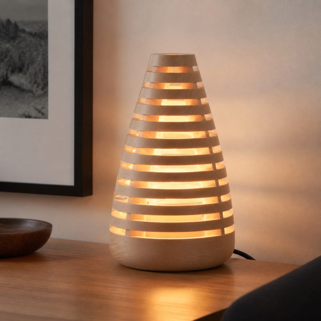 Open-Ring Maple Cone Lantern shown as an original square photorealistic wooden cone lamp with authentic wood grain, warm diffused light, and a short dark power cord