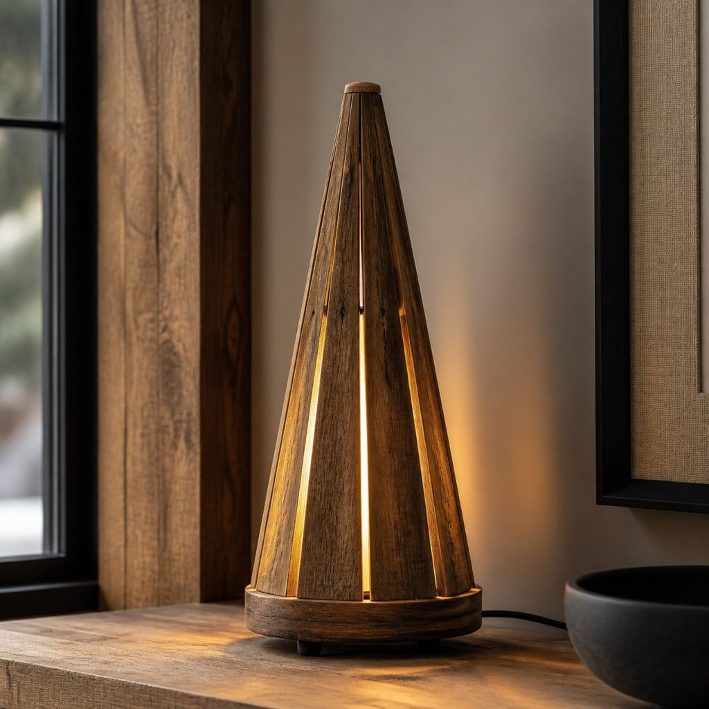 Reclaimed Cedar Cone Lamp shown as an original square photorealistic wooden cone lamp with authentic wood grain, warm diffused light, and a short dark power cord