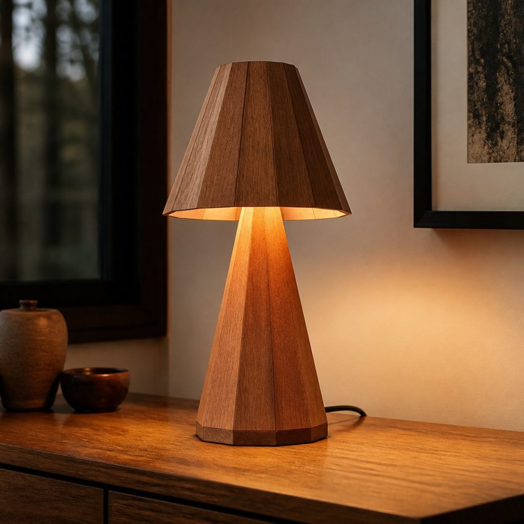 Faceted Cherry Cone Lamp shown as an original square photorealistic wooden cone lamp with authentic wood grain, warm diffused light, and a short dark power cord