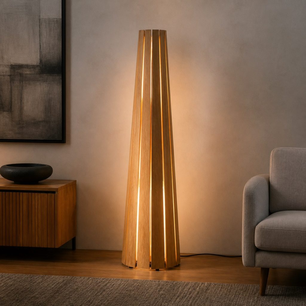 Tall Oak Cone Floor Lamp shown as an original square photorealistic wooden cone lamp with authentic wood grain, warm diffused light, and a short dark power cord