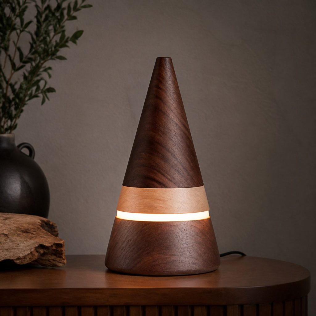 Walnut Light-Band Cone Lamp shown as an original square photorealistic wooden cone lamp with authentic wood grain, warm diffused light, and a short dark power cord