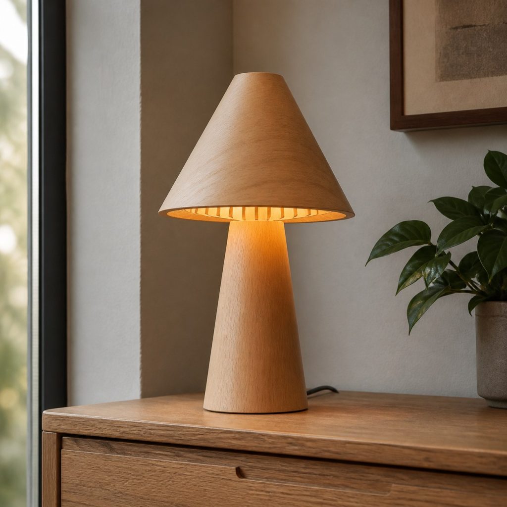 Minimal Beech Cone Lamp shown as an original square photorealistic wooden cone lamp with authentic wood grain, warm diffused light, and a short dark power cord