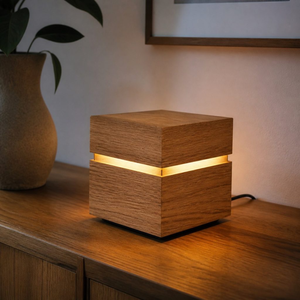 Oak Recessed-Seam Cube Lamp shown as an original square photorealistic wooden cube lamp with authentic wood texture, warm diffused light, and a short dark power cord