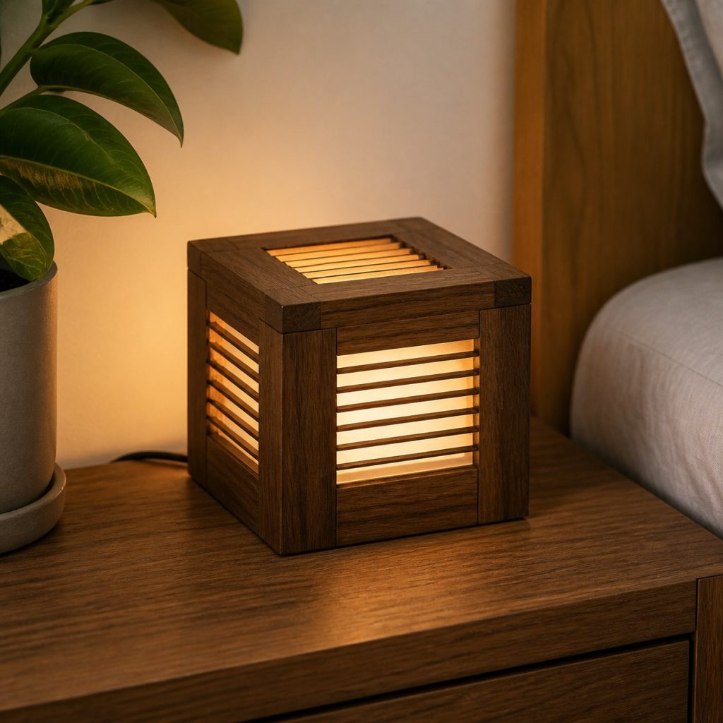 Walnut Diffused-Center Cube shown as an original square photorealistic wooden cube lamp with authentic wood texture, warm diffused light, and a short dark power cord