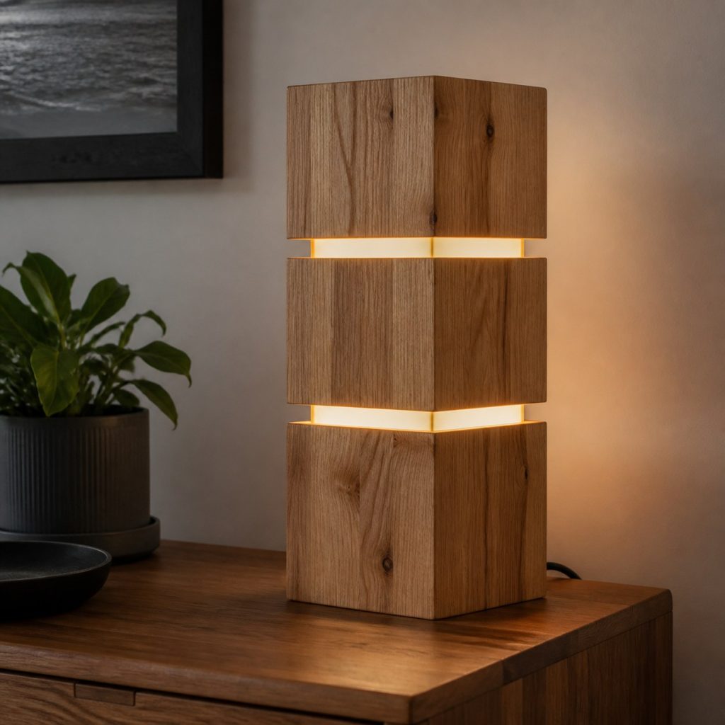 Stacked Maple Cube Lamp shown as an original square photorealistic wooden cube lamp with authentic wood texture, warm diffused light, and a short dark power cord