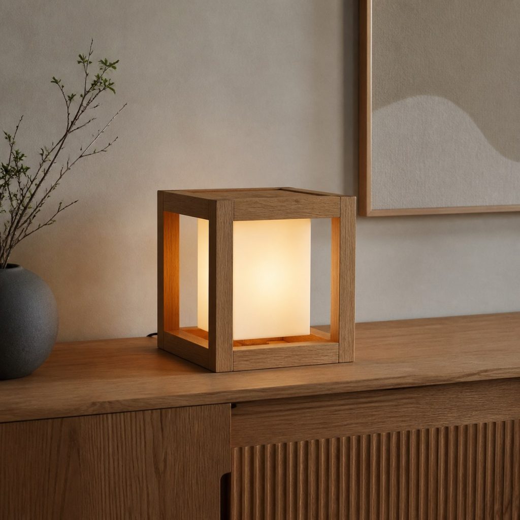 Open-Frame Oak Cube Lamp shown as an original square photorealistic wooden cube lamp with authentic wood texture, warm diffused light, and a short dark power cord