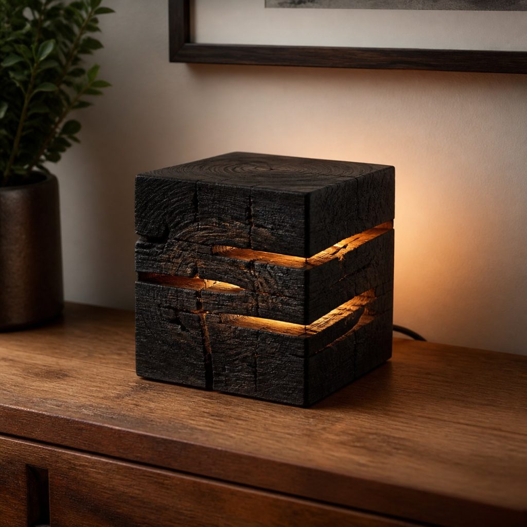 Charred Wood Light-Seam Cube shown as an original square photorealistic wooden cube lamp with authentic wood texture, warm diffused light, and a short dark power cord