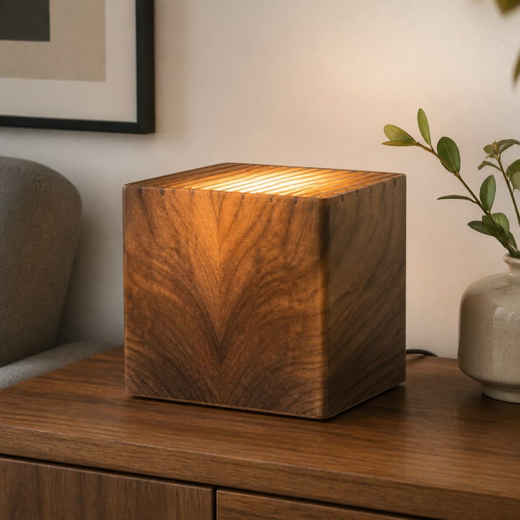 Bookmatched Walnut Cube Lamp shown as an original square photorealistic wooden cube lamp with authentic wood texture, warm diffused light, and a short dark power cord