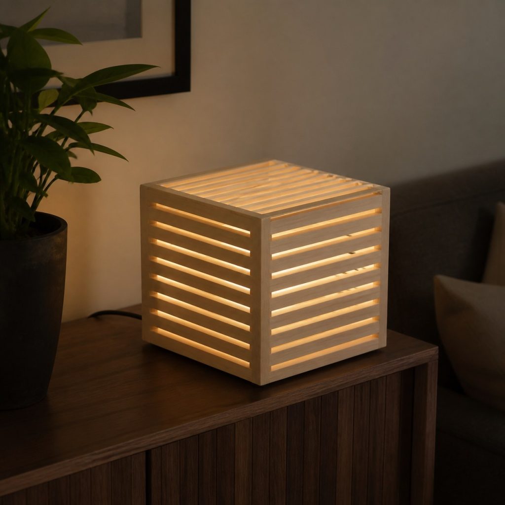 Slatted Ash Cube Lantern shown as an original square photorealistic wooden cube lamp with authentic wood texture, warm diffused light, and a short dark power cord
