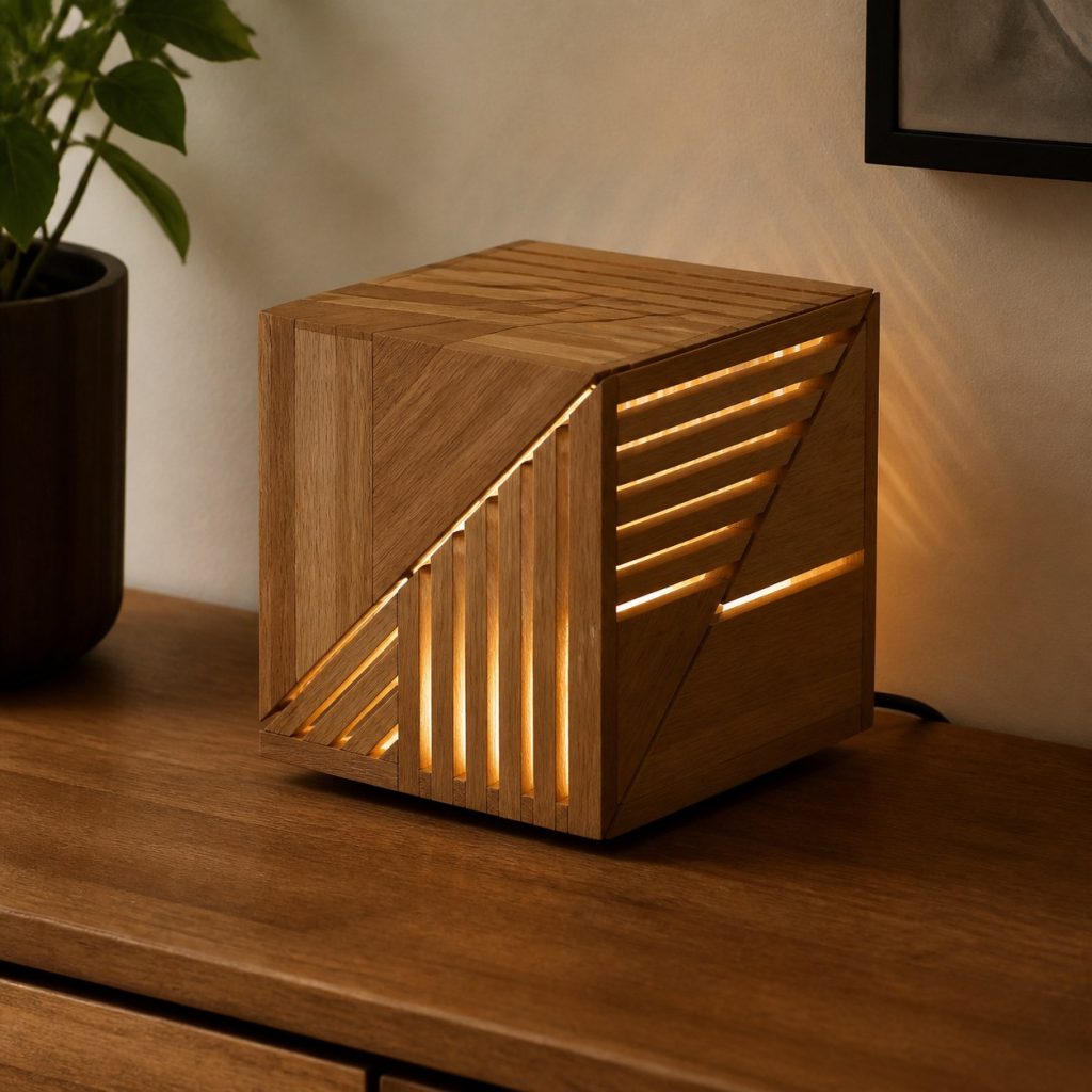 Rotated Geometric Wood Cube shown as an original square photorealistic wooden cube lamp with authentic wood texture, warm diffused light, and a short dark power cord