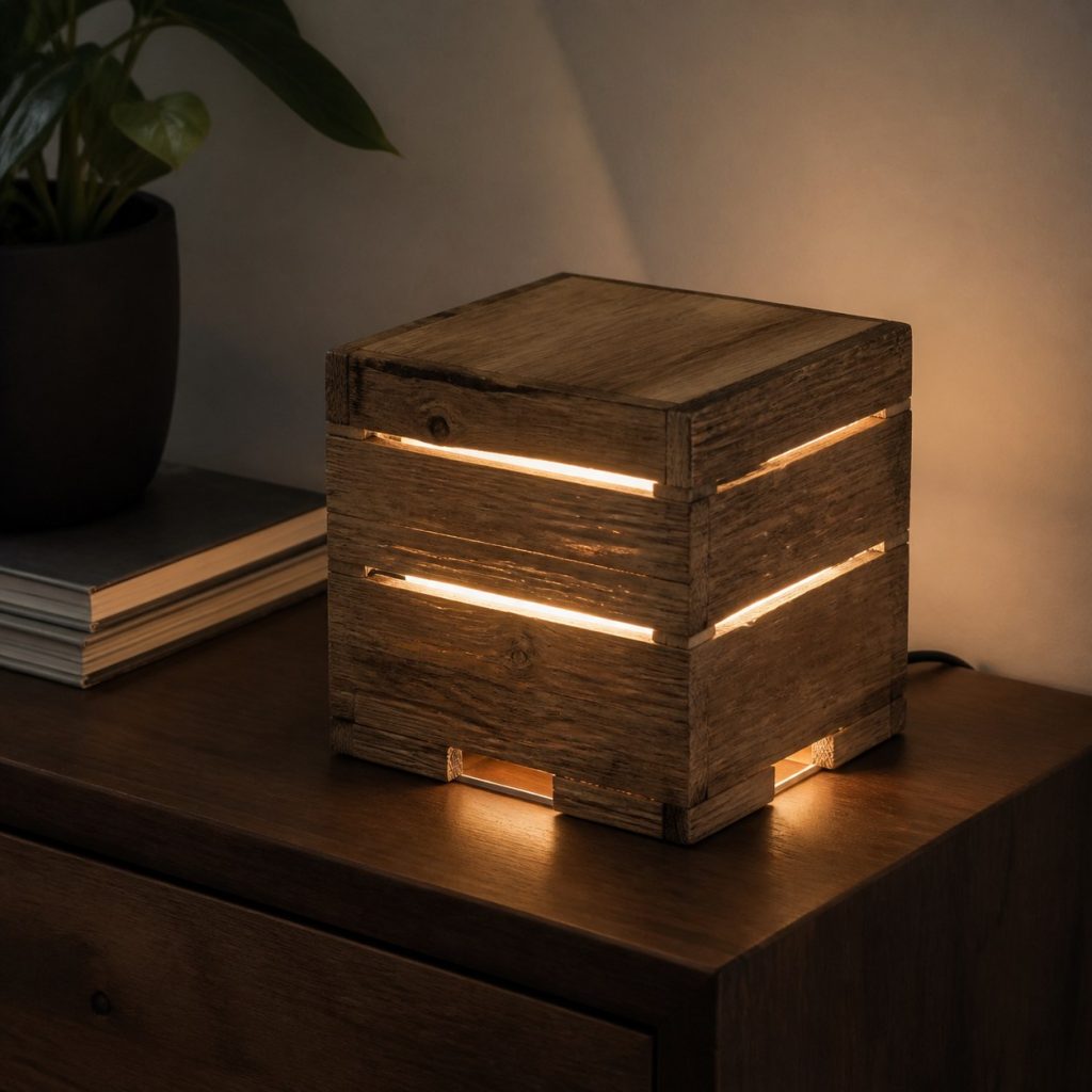 Reclaimed Timber Cube Lamp shown as an original square photorealistic wooden cube lamp with authentic wood texture, warm diffused light, and a short dark power cord