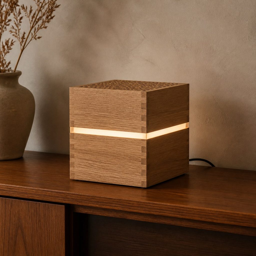 Bookmatched Oak Ventilated Cube shown as an original square photorealistic wooden cube lamp with authentic wood texture, warm diffused light, and a short dark power cord