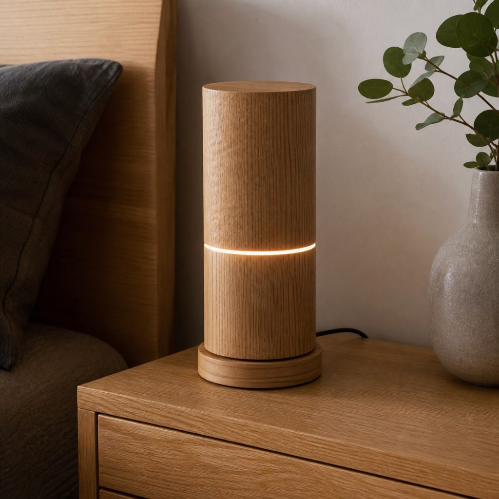 Turned Oak Light-Seam Cylinder shown as an original square photorealistic wooden cylinder lamp with authentic wood grain, warm diffused light, and a short dark power cord