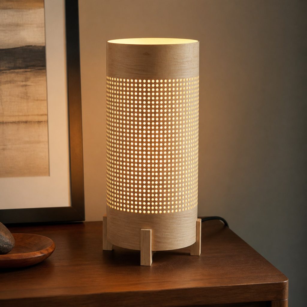 Perforated Maple Cylinder Lamp shown as an original square photorealistic wooden cylinder lamp with authentic wood grain, warm diffused light, and a short dark power cord