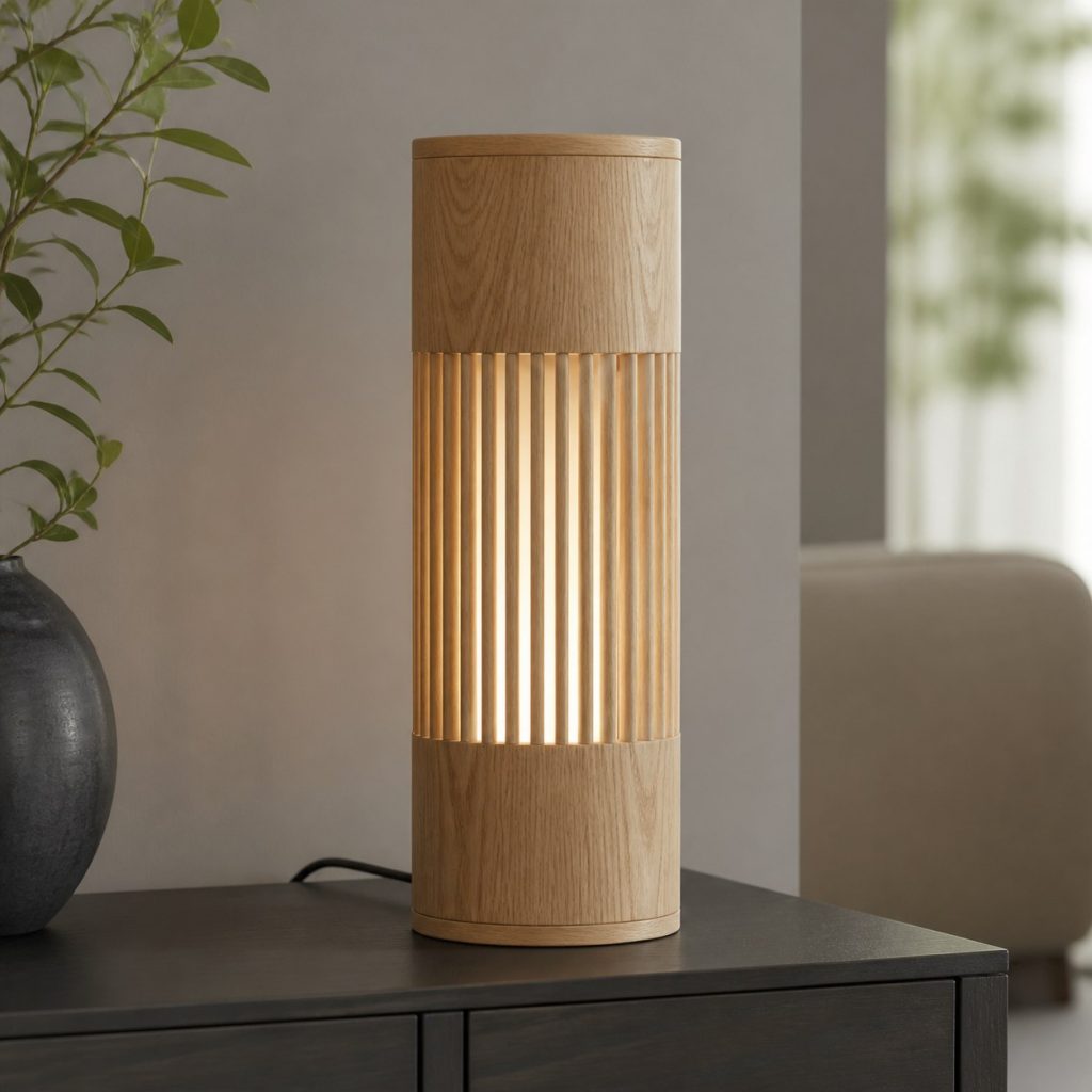 Ash Dowel Cylinder Lamp shown as an original square photorealistic wooden cylinder lamp with authentic wood grain, warm diffused light, and a short dark power cord
