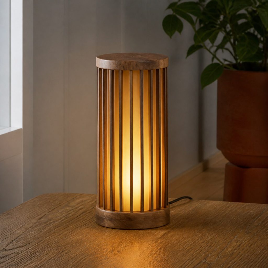 Reclaimed Cedar Cylinder Lantern shown as an original square photorealistic wooden cylinder lamp with authentic wood grain, warm diffused light, and a short dark power cord