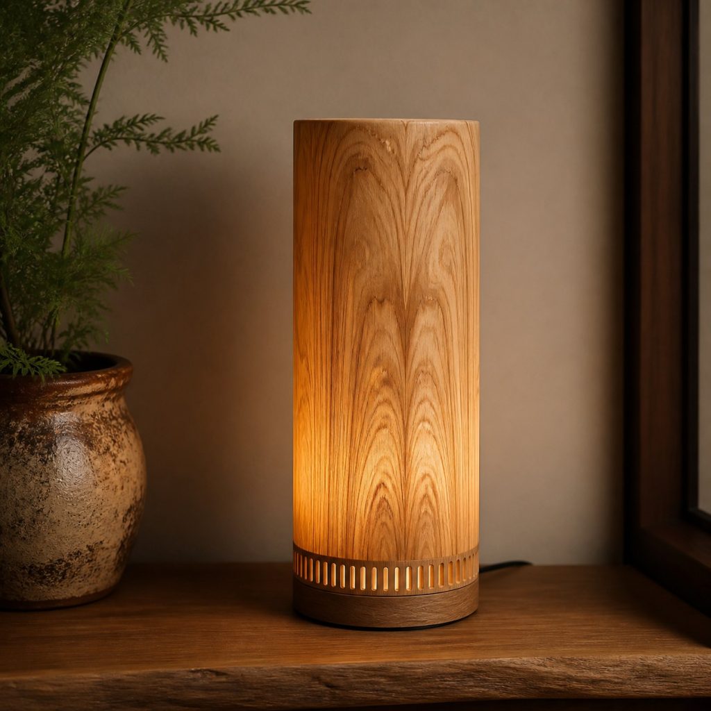 Bookmatched Elm Cylinder Lamp shown as an original square photorealistic wooden cylinder lamp with authentic wood grain, warm diffused light, and a short dark power cord