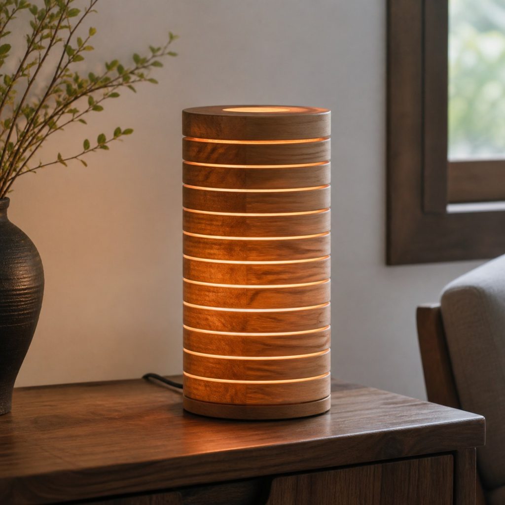 Stacked Cherry Ring Cylinder shown as an original square photorealistic wooden cylinder lamp with authentic wood grain, warm diffused light, and a short dark power cord