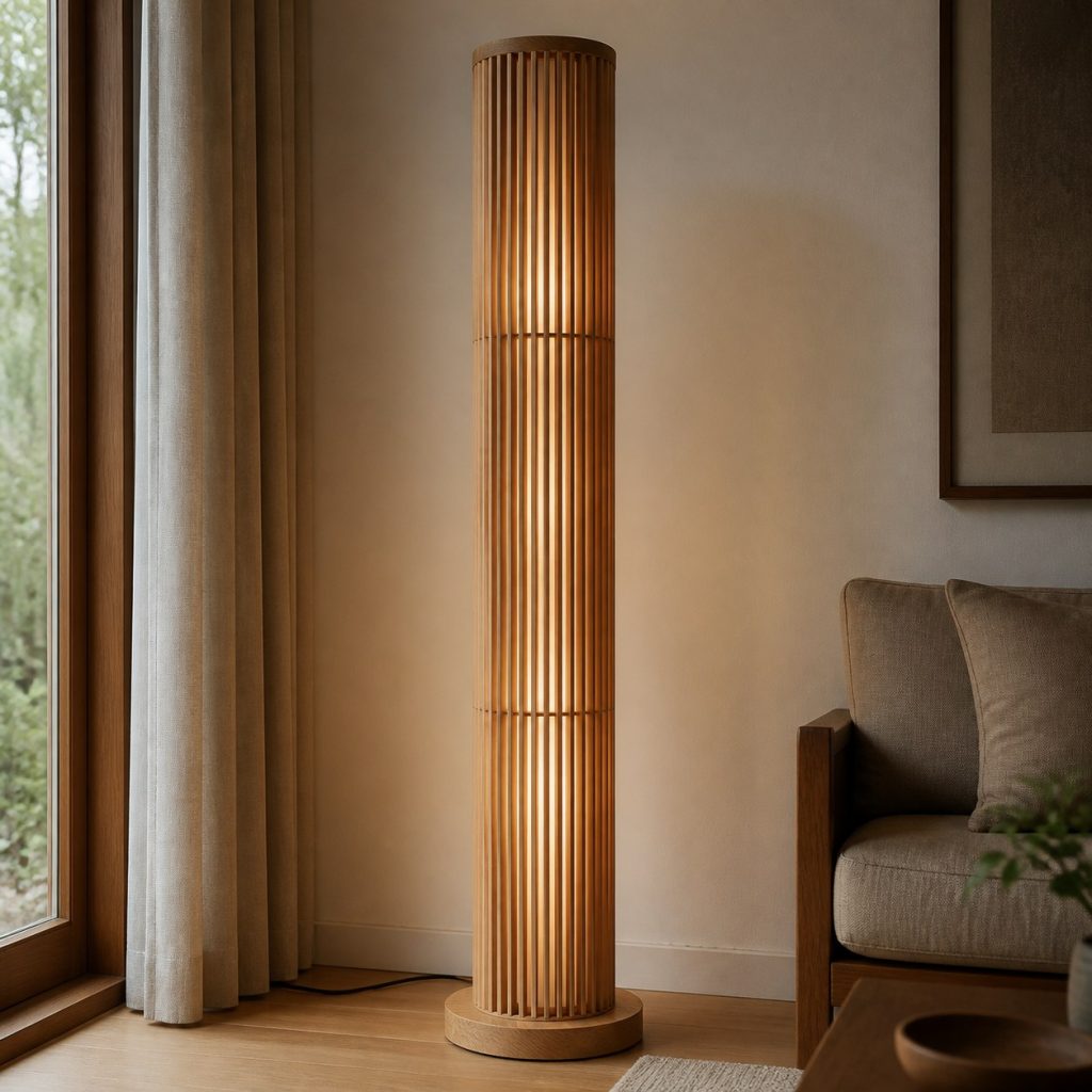 Tall Oak Cylinder Floor Lamp shown as an original square photorealistic wooden cylinder lamp with authentic wood grain, warm diffused light, and a short dark power cord