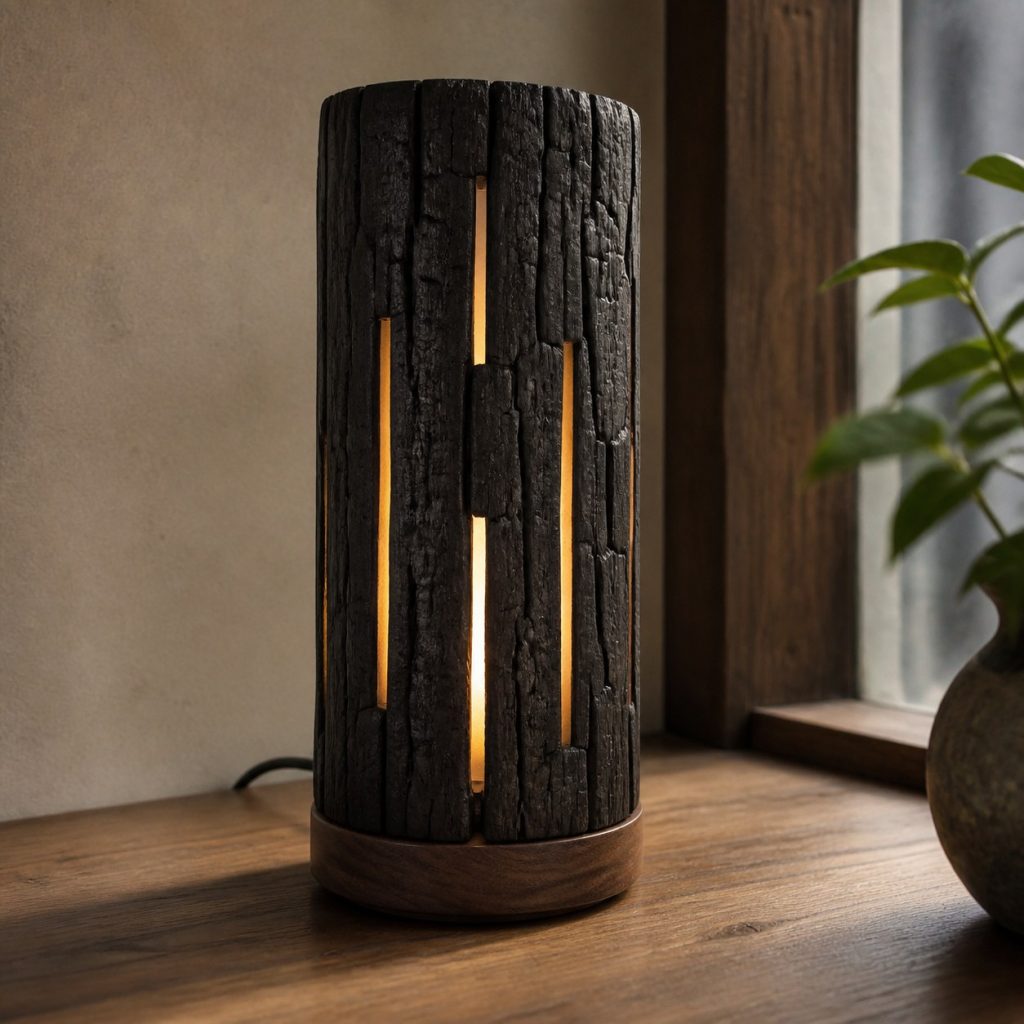 Charred Wood Cylinder Lamp shown as an original square photorealistic wooden cylinder lamp with authentic wood grain, warm diffused light, and a short dark power cord