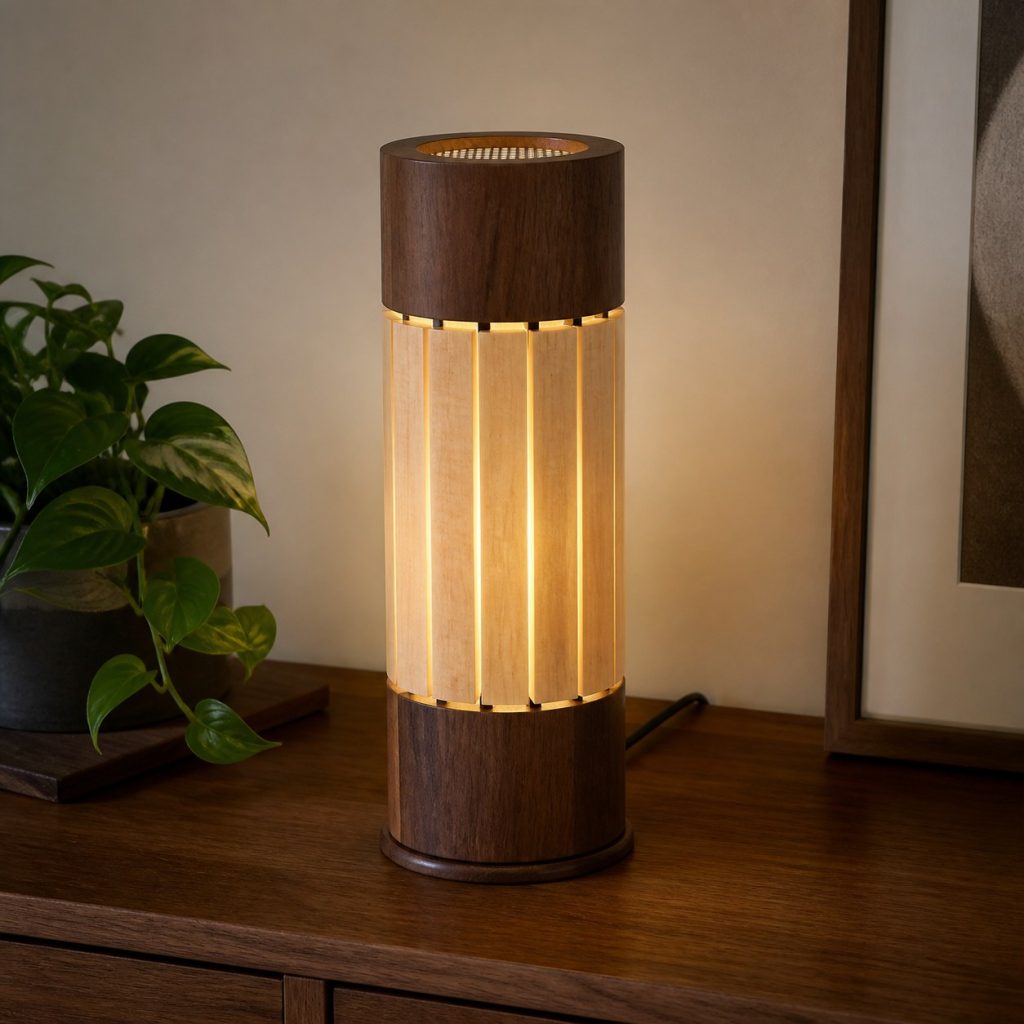 Maple and Walnut Cylinder Lamp shown as an original square photorealistic wooden cylinder lamp with authentic wood grain, warm diffused light, and a short dark power cord
