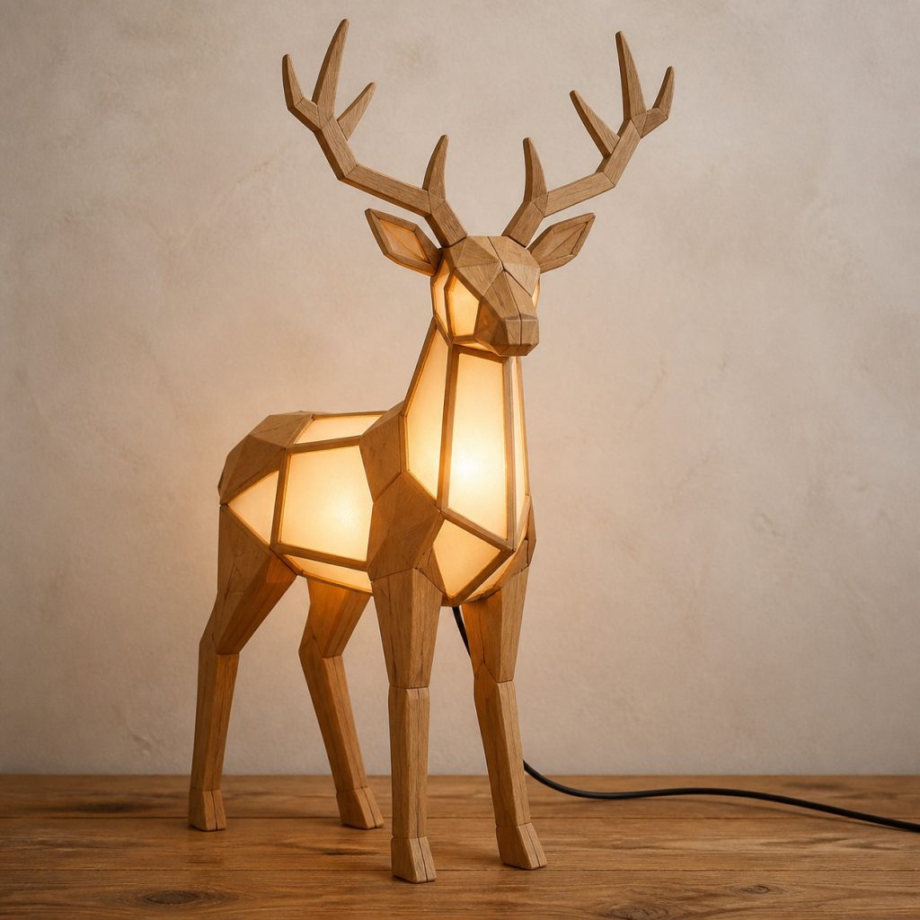 Faceted Standing Stag Lamp shown as an original square photorealistic wooden deer lamp with authentic wood grain, recognizable animal form, and warm diffused light