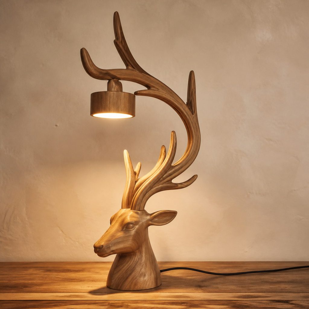 Antler-Branch Desk Lamp shown as an original square photorealistic wooden deer lamp with authentic wood grain, recognizable animal form, and warm diffused light