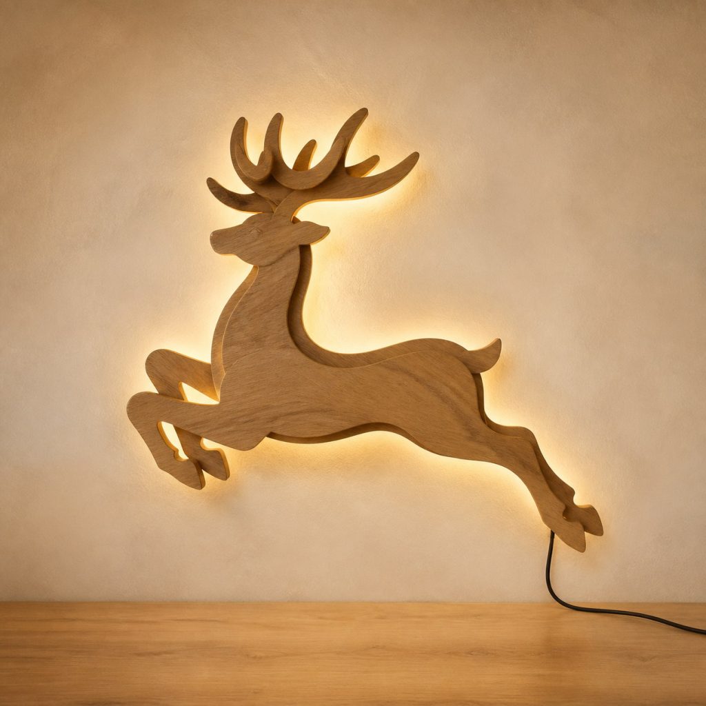 Leaping Deer Wall Sconce shown as an original square photorealistic wooden deer lamp with authentic wood grain, recognizable animal form, and warm diffused light
