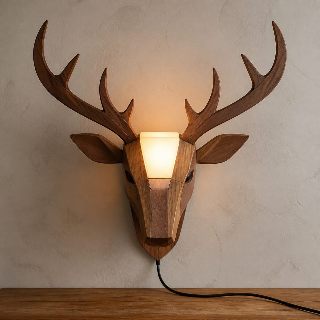 Stag Head Wall Lamp shown as an original square photorealistic wooden deer lamp with authentic wood grain, recognizable animal form, and warm diffused light