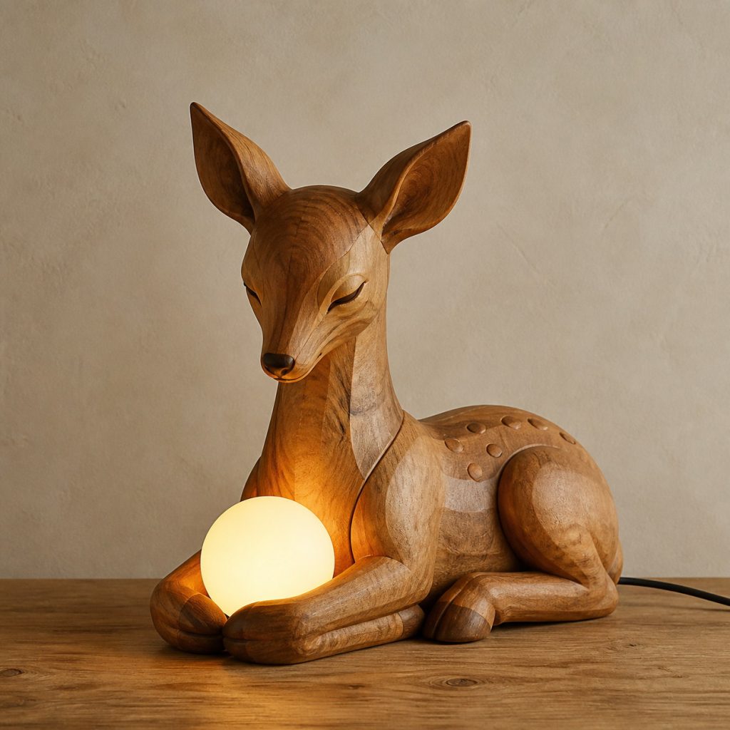 Seated Fawn Orb Lamp shown as an original square photorealistic wooden deer lamp with authentic wood grain, recognizable animal form, and warm diffused light