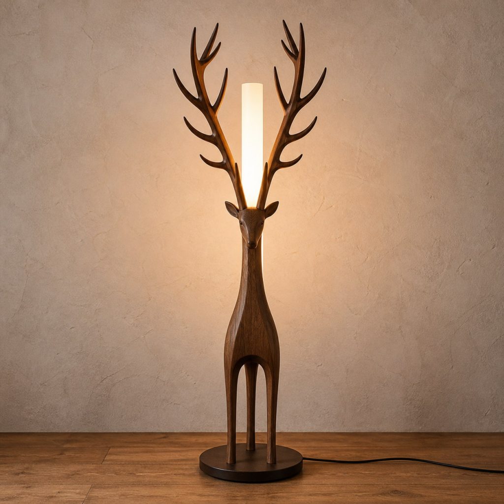 Branching Antler Floor Lamp shown as an original square photorealistic wooden deer lamp with authentic wood grain, recognizable animal form, and warm diffused light