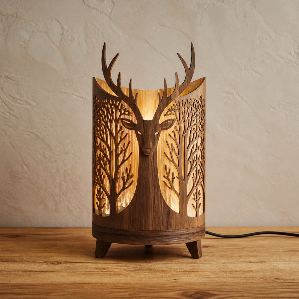 Woodland Deer Lantern shown as an original square photorealistic wooden deer lamp with authentic wood grain, recognizable animal form, and warm diffused light