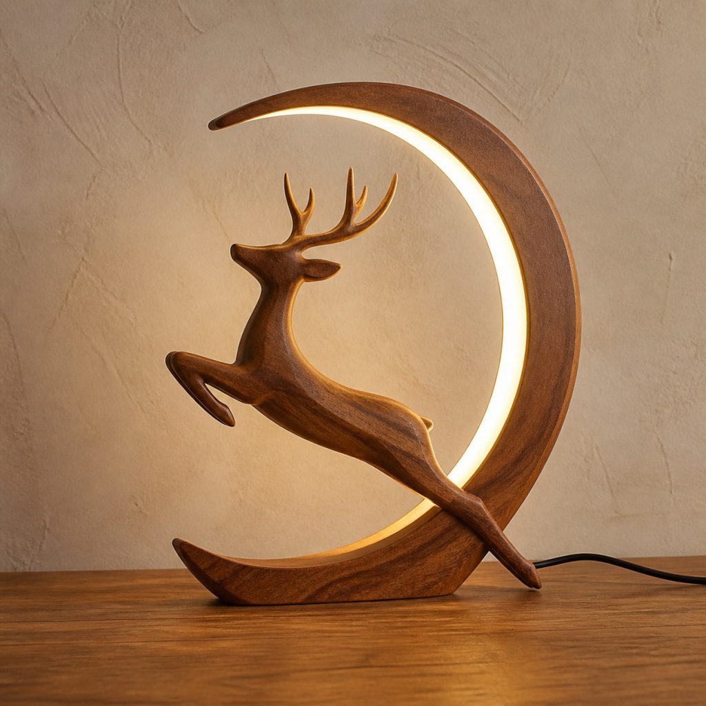Leaping Deer Crescent Lamp shown as an original square photorealistic wooden deer lamp with authentic wood grain, recognizable animal form, and warm diffused light